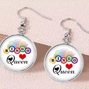 Bingo Queen Round Dangle Earrings Silver Hooks